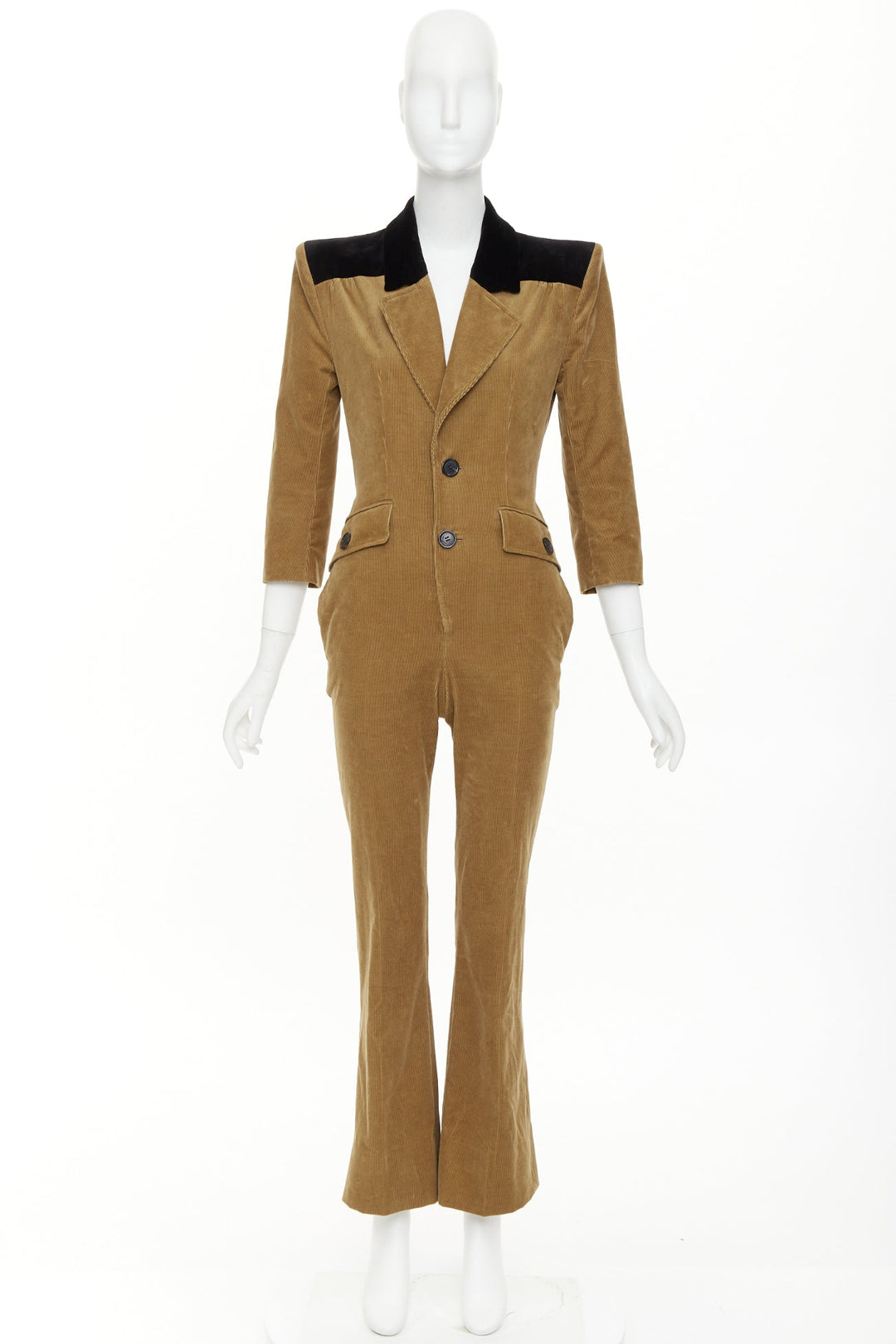 SAINT LAURENT 2022 Runway peak lapel brown cotton corduroy black jumpsuit FR34