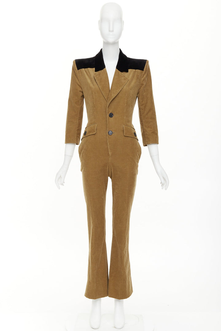 SAINT LAURENT 2022 Runway peak lapel brown cotton corduroy black jumpsuit FR34