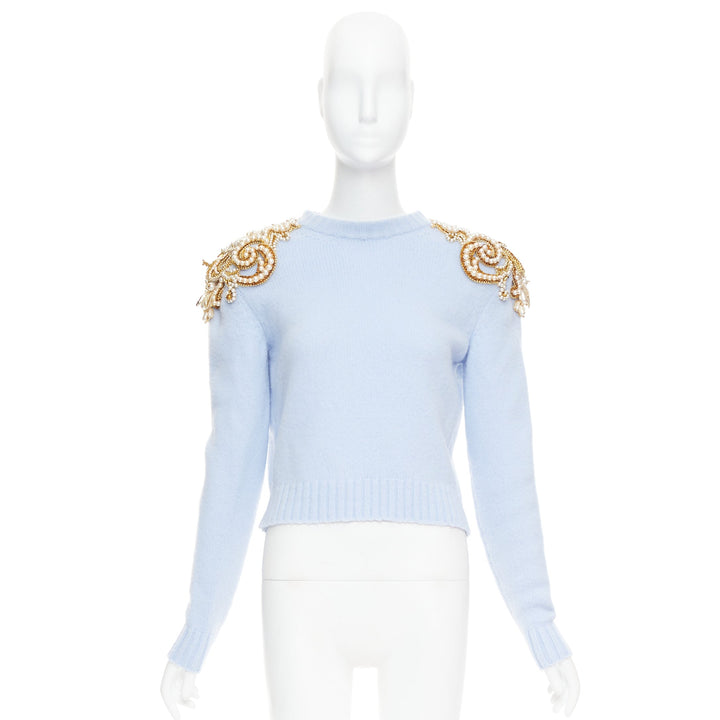 BALMAIN powder blue wool cashmere gold pearl embellished sweater FR36 S