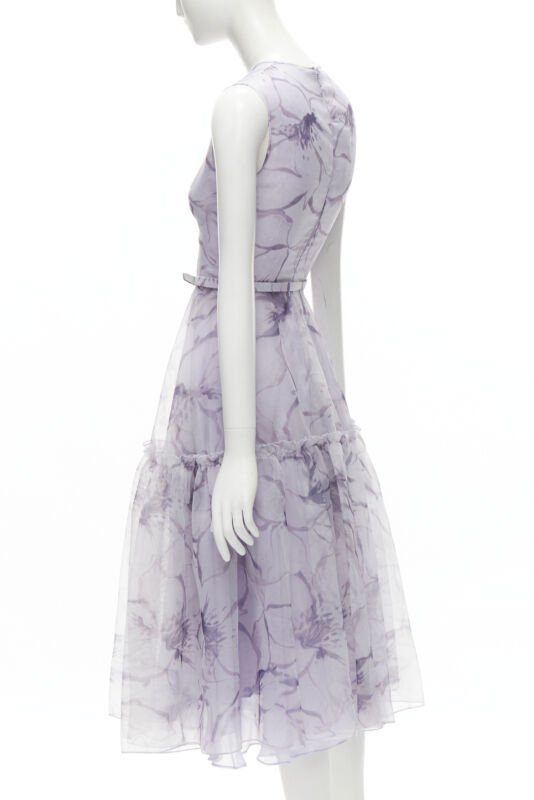 COSTARELLOS lilac purple lavender embroidery belted midi dress FR34 XS