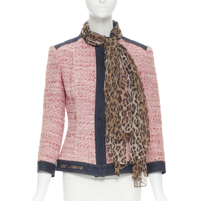 vintage DOLCE GABBANA pink tweed denim trimmed leopard scarf jacket IT42