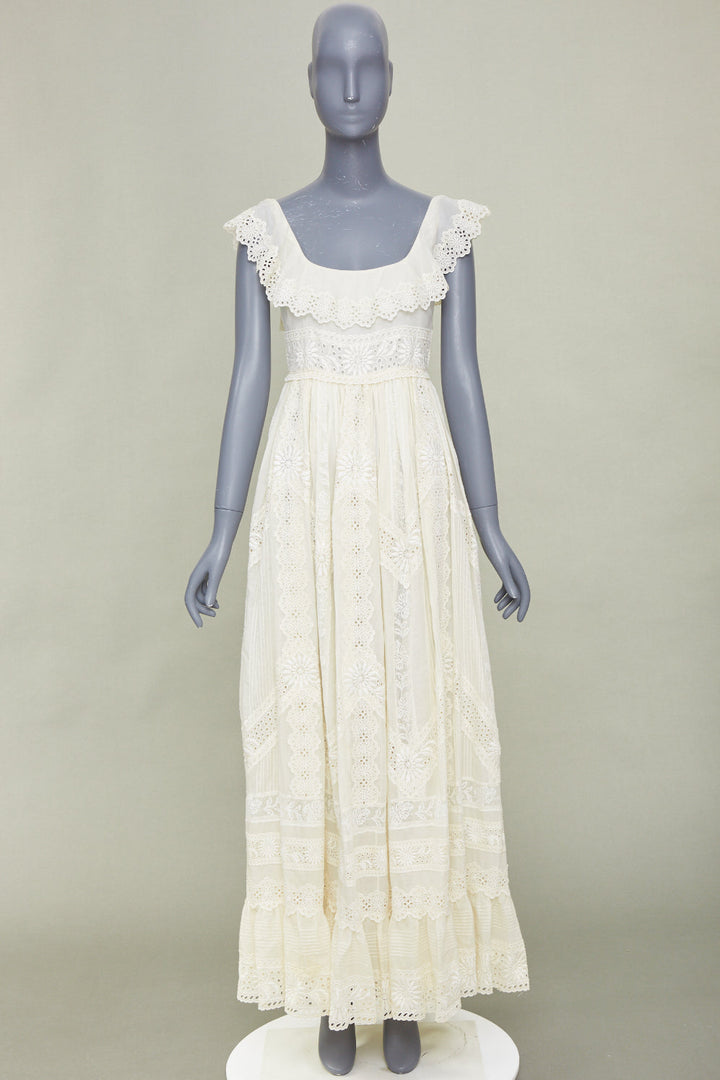 VALENTINO 2015 Runway Bridal ivory cotton embroidered pleated maxi dress IT40 S