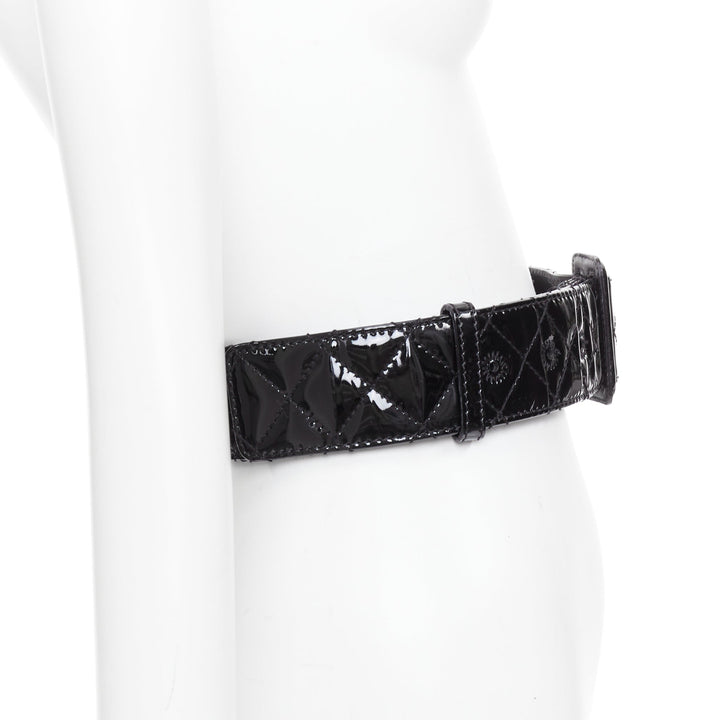 BURBERRY black patent leather diamond quilted rectangular buckle belt 75cm