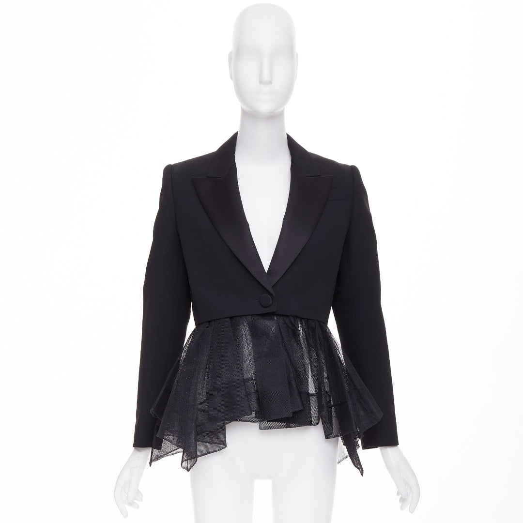 ALEXANDER MCQUEEN 2022 black wool peplum tulle single button tux blazer IT36 XXS