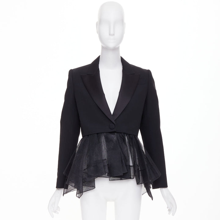 ALEXANDER MCQUEEN 2022 black wool peplum tulle single button tux blazer IT36 XXS
