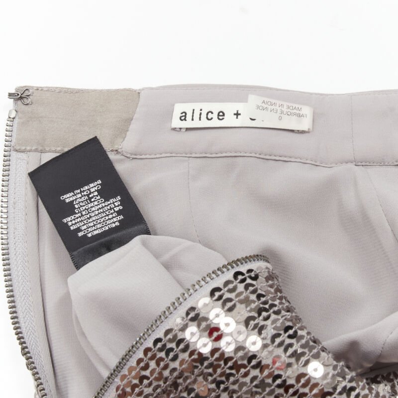 ALICE OLIVIA silver metallic sequins back slit knee length pencil skirt US0 XS