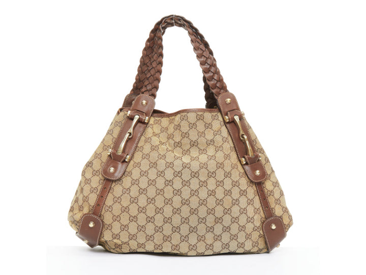 GUCCI Pelham Vintage beige GG monogram canvas brown braided handle boho bag