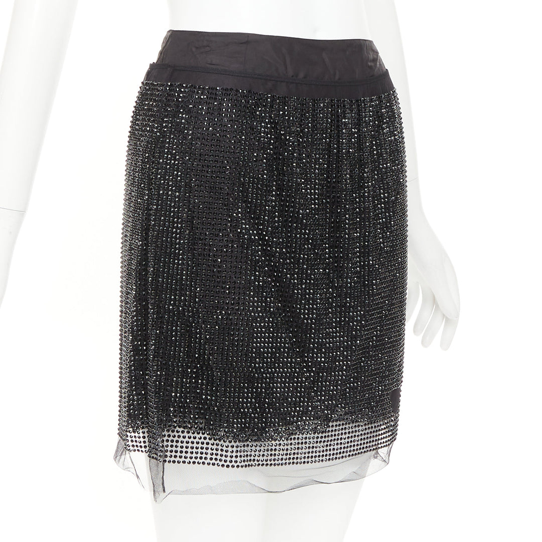 PRADA 2021 black crystal strass embellished cut out lace mini skirt IT38 XS
