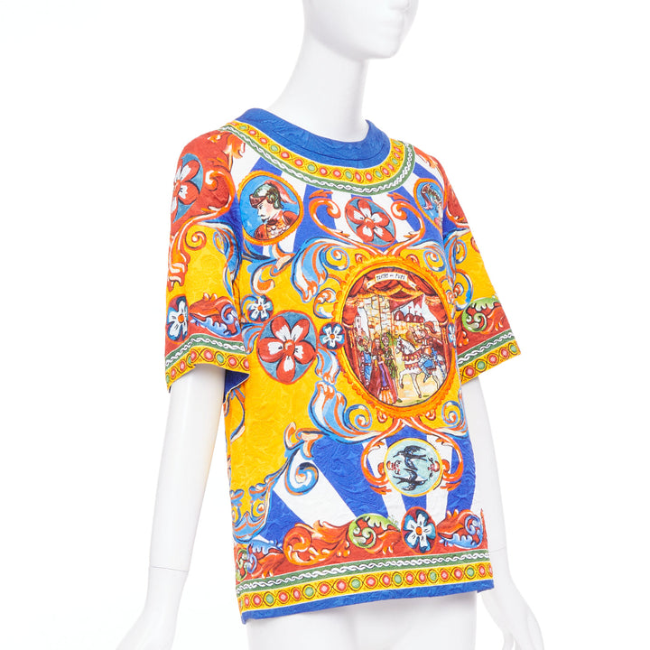 DOLCE GABBANA Carretto Siciliano yellow blue print jacquard tunic top IT40 S