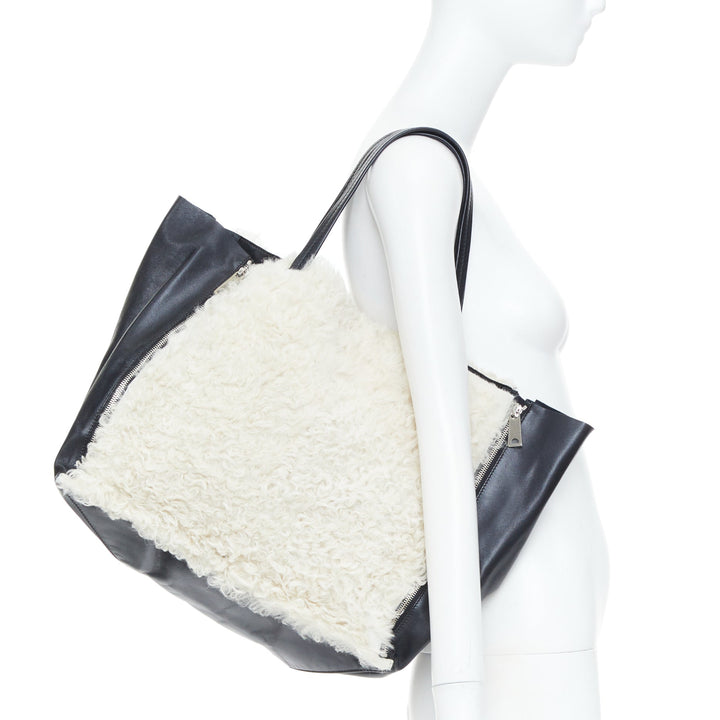 CELINE 2011 Vertical Gusset Cabas cream shearling black leather zip tote bag