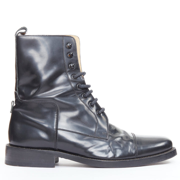 BALENCIAGA black polished leather lace up topstitch combat boots EU41