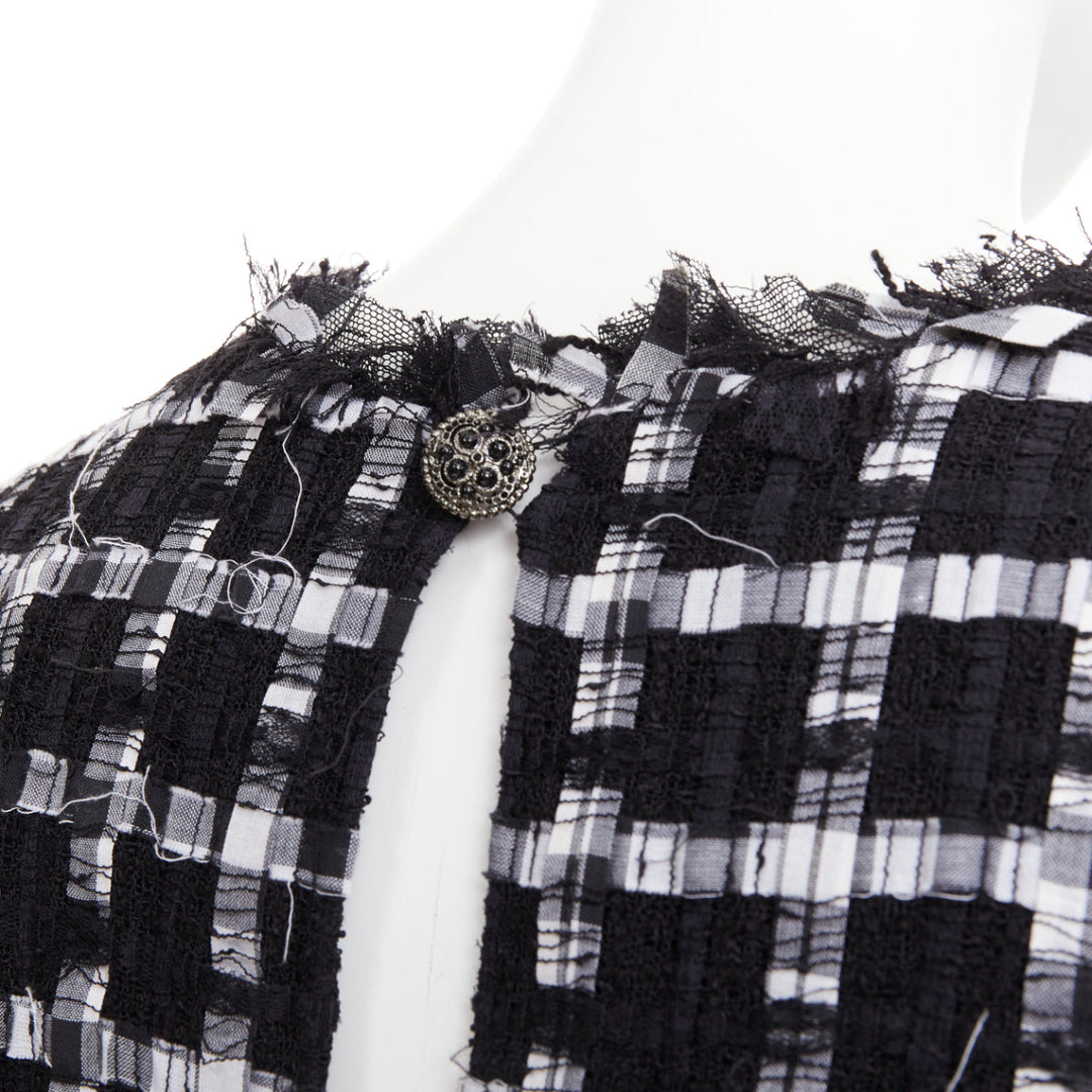 CHANEL 2011 black white checkered frayed tweed buttons ruched mini dress FR36 S