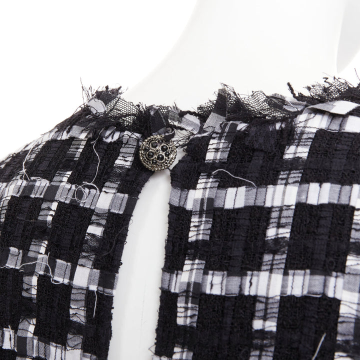 CHANEL 2011 black white checkered frayed tweed buttons ruched mini dress FR36 S
