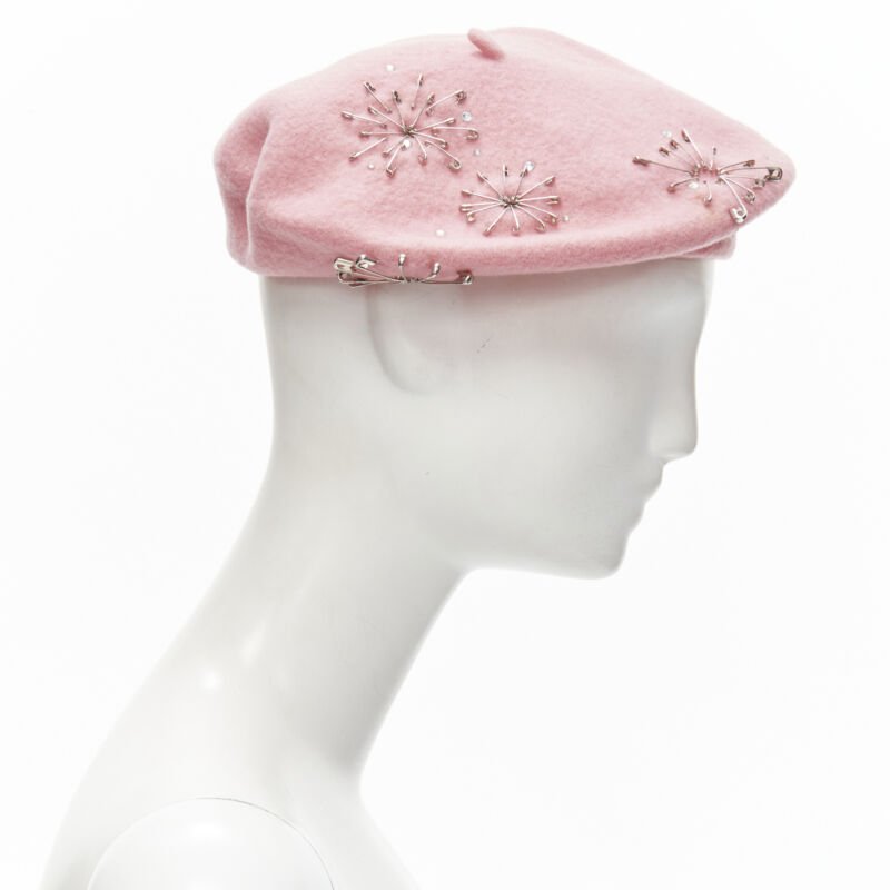 MISS JONES Stephen Jones Pins candy pink wool safety pin crystal beret hat