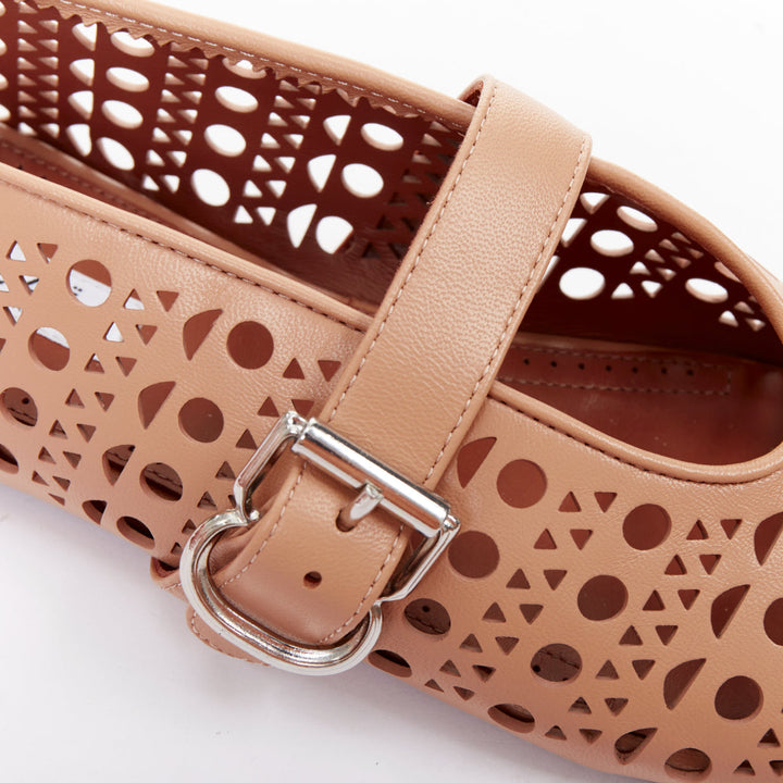 ALAIA Vienne tan leather cut out buckle maryjane ballerina flats EU37