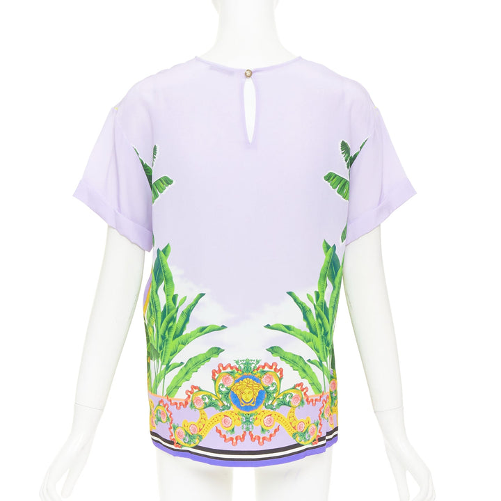 VERSACE Beverly Palm lilac purple silk print short sleeve top IT40 S