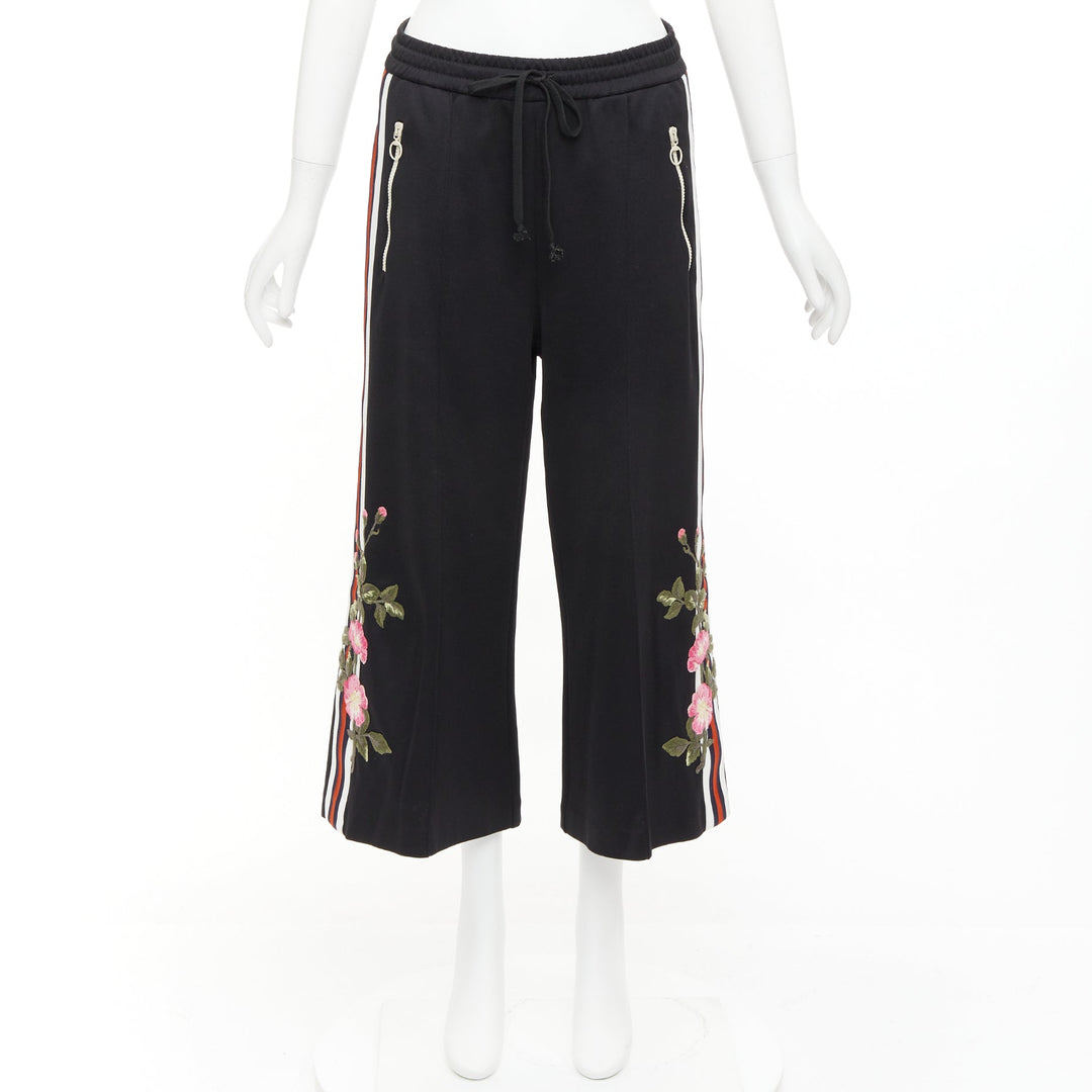 GUCCI black webbing floral patch zip pocket wide leg joggers