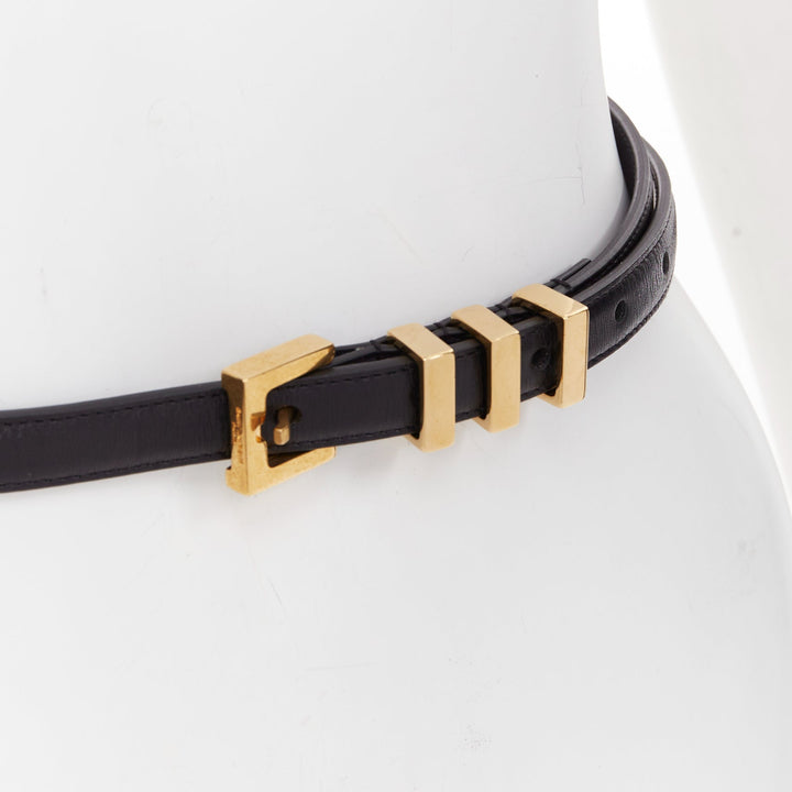 SAINT LAURENT Trois Passants black leather gold 3 loop buckle skinny belt