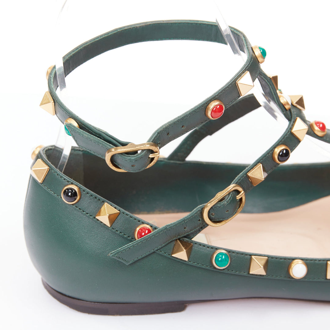 VALENTINO Rolling Rockstud green multicolor gold stud caged ballerina flats EU38
