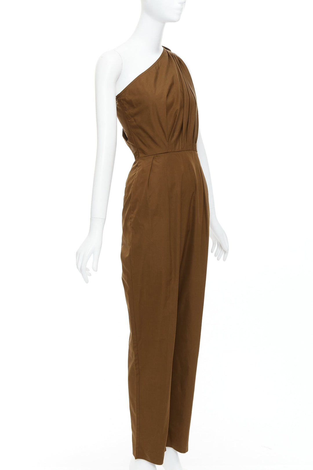 MAX MARA Avola brown cotton poplin one shoulder leather trim jumpsuit IT36 XXS