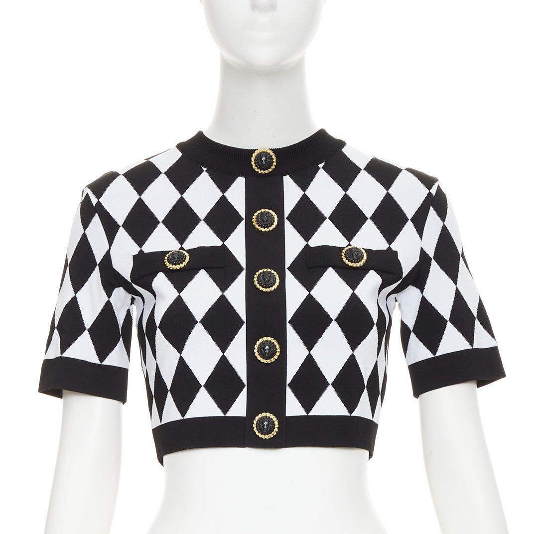 BALMAIN 2022 Harlequin black white diamond check gold lion buttons crop top FR36