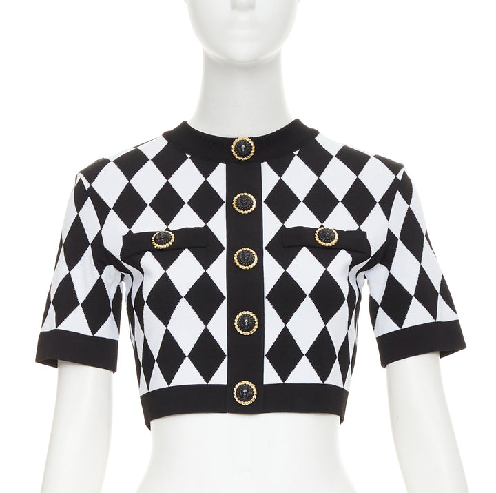 BALMAIN 2022 Harlequin black white diamond check gold lion buttons crop top FR36