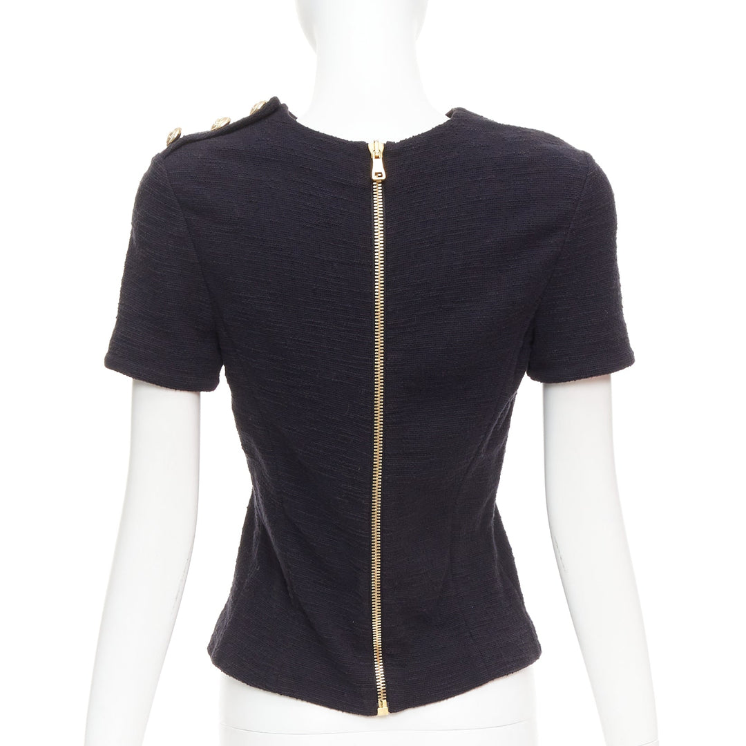 BALMAIN black cotton tweed gold Lionhead button zip back top FR38 M