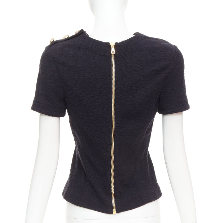 BALMAIN black cotton tweed gold Lionhead button zip back top FR38 M