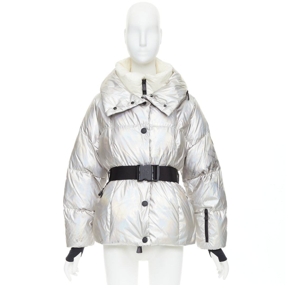 MONCLER Ollignan holographic silver duo collar belted puffer ski  jacket Sz.0 XS