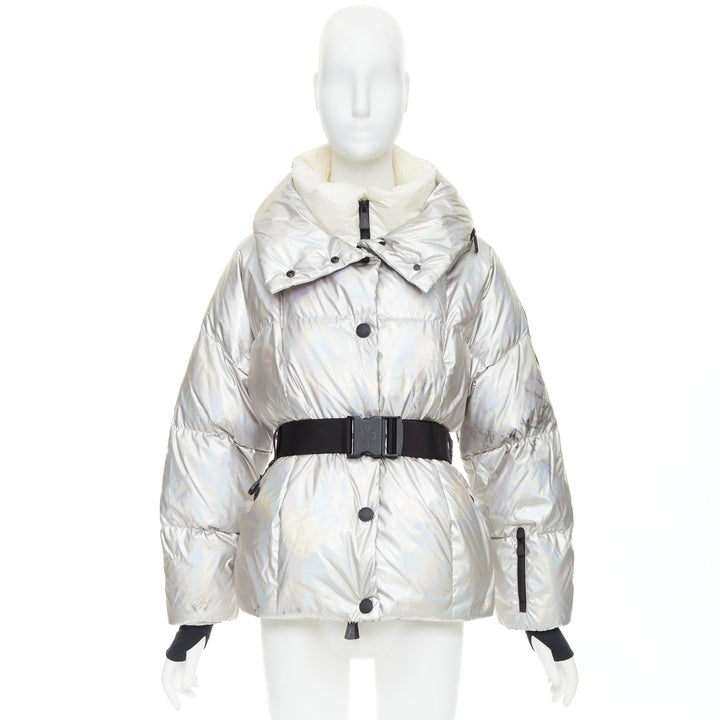 MONCLER Ollignan holographic silver duo collar belted puffer ski  jacket Sz.0 XS