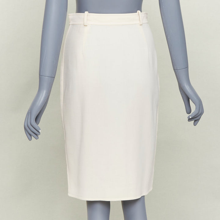 HERMES beige virgin wool blend button front high waisted pencil skirt FR34 XS