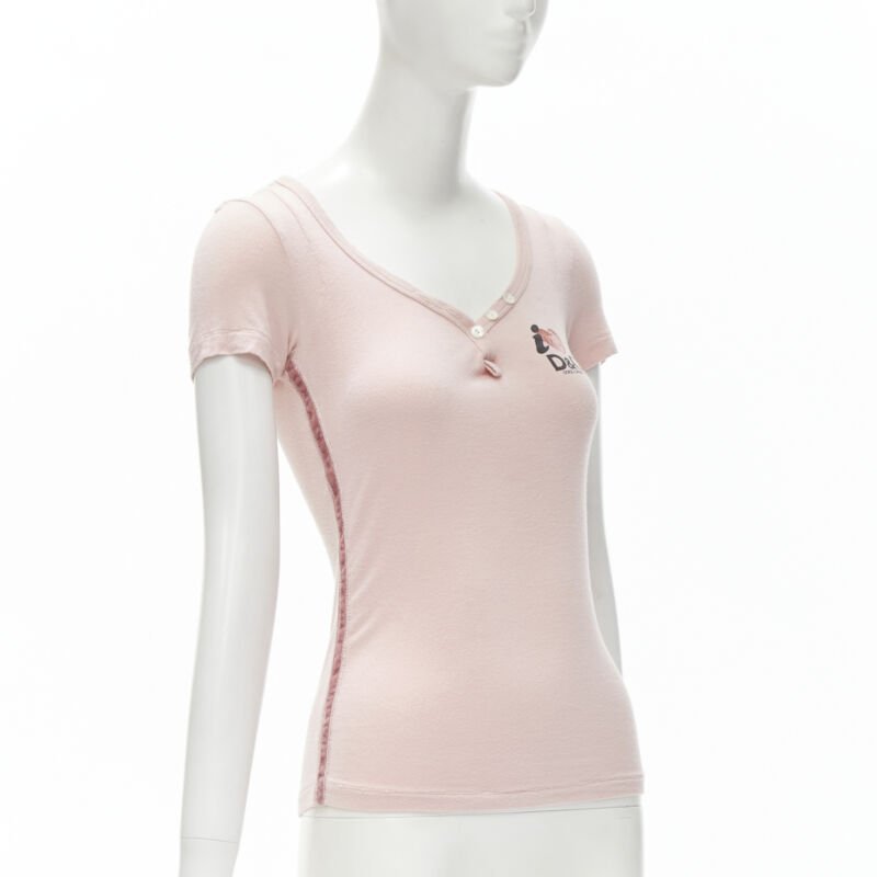 D&G DOLCE GABBANA Y2K pink logo I Love DG velvet trim V-neck tshirt IT40 XS