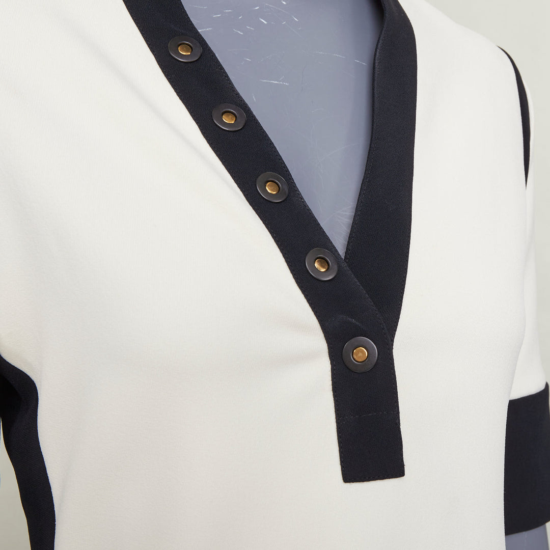 BALENCIAGA 2015 cream black rayon blend colorblock V neck button top FR38 M