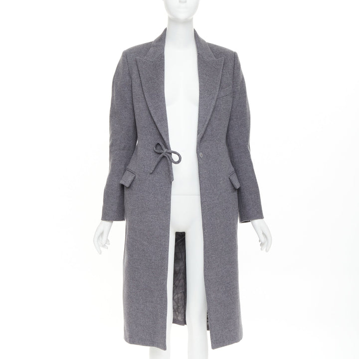 VALENTINO grey wool flannel bow tie front panelled long tailored coat IT38 XS