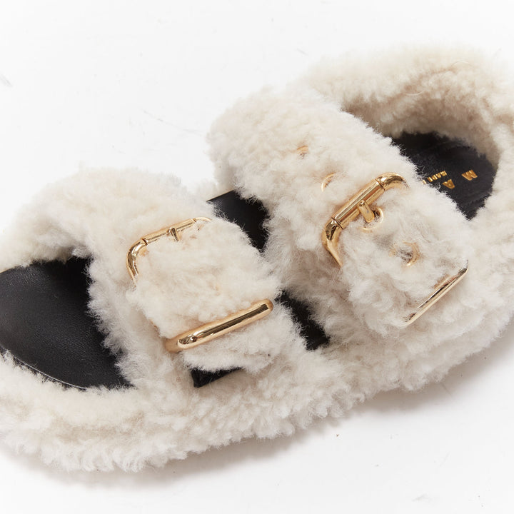 MARNI white shearling gold buckles double strap black lined flat sandals EU38