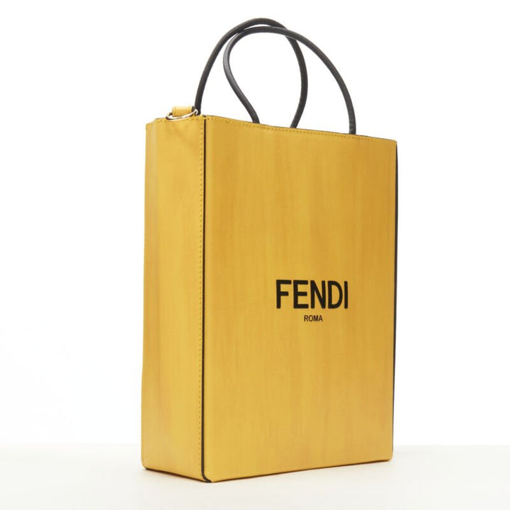FENDI Pack Small Shopping yellow leather logo print crossbody tote bag