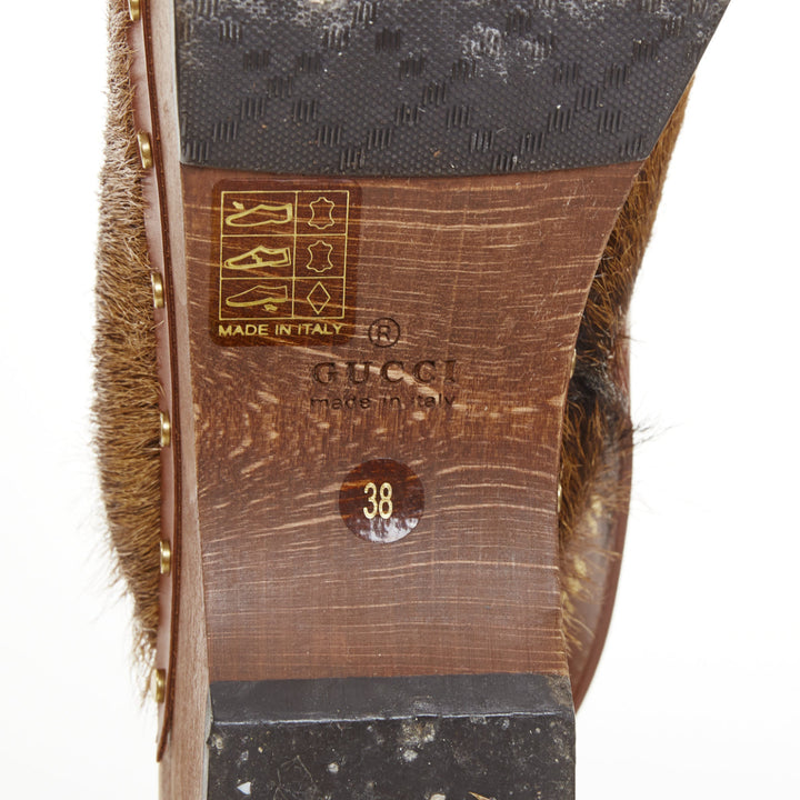 GUCCI 2015 brown calf hair horsebit studded slingback wood clogs EU38