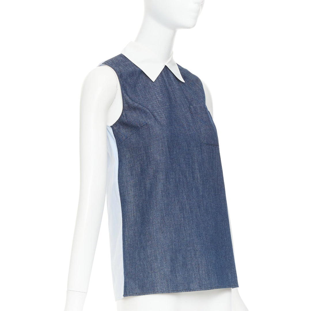 MIU MIU 2015 blue denim patchwork white collar pocket tunic shirt top IT38 XS