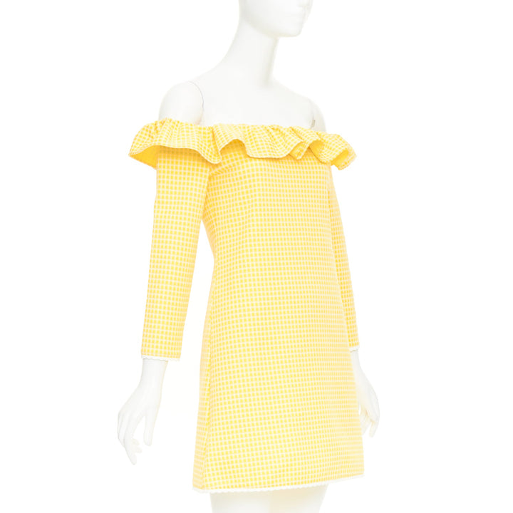 MIU MIU 2019 yellow white gingham check ruffle off shoulder mini dress M