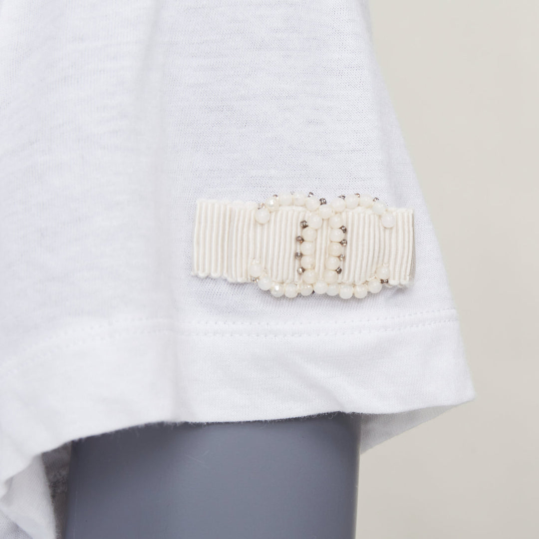 CHANEL 09P white cotton faux pearl ribbon CC logo short sleeve tshirt FR42 XL