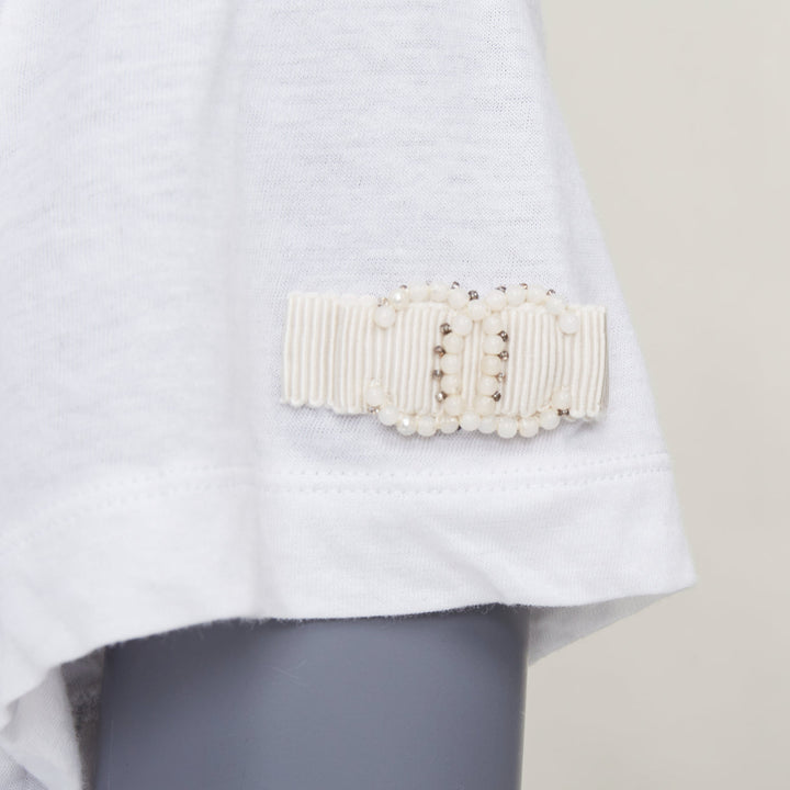 CHANEL 09P white cotton faux pearl ribbon CC logo short sleeve tshirt FR42 XL