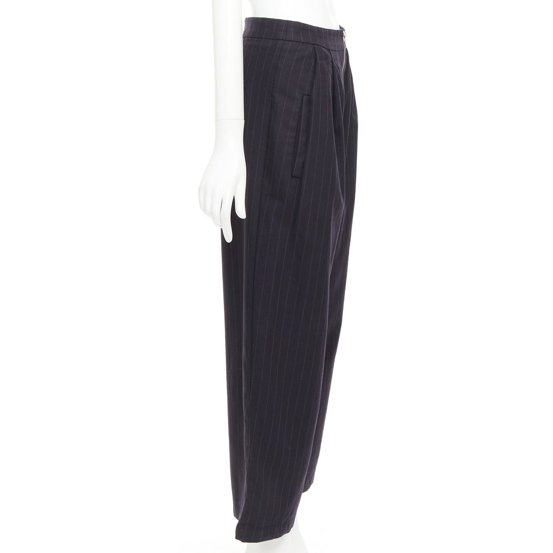 REFORMATION navy pinstripe surplus fabric silver zip fly wide pants US0 XS