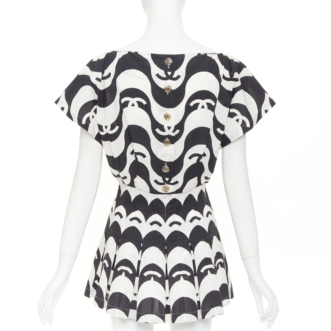 CHANEL 21P Runway black white cc wave print cotton mini romper playsuit FR34 XS
