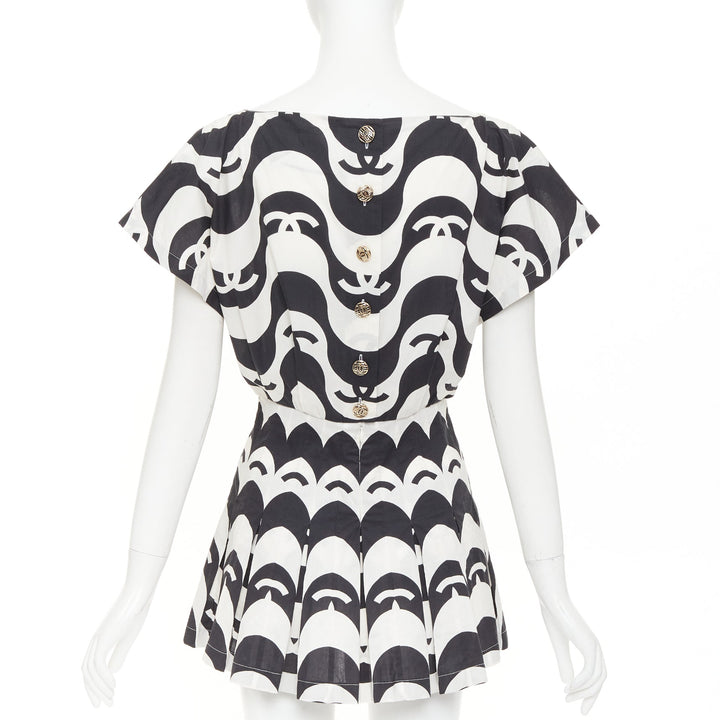 CHANEL 21P Runway black white cc wave print cotton mini romper playsuit FR34 XS