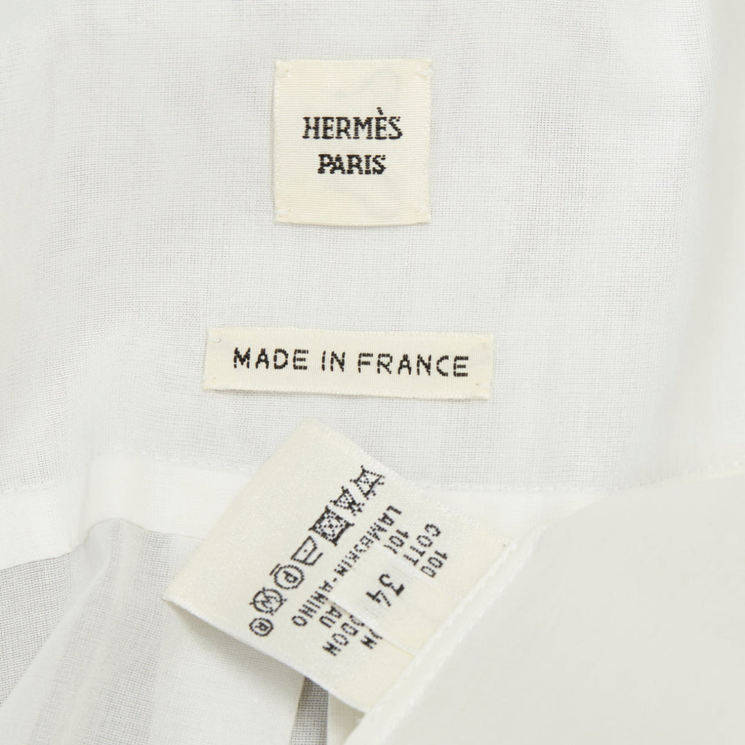 HERMES white pleated lambskin leather bib hidden button sheer cotton top FR34 XS