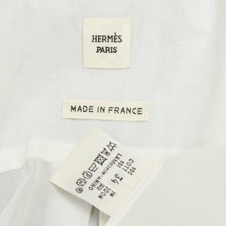 HERMES white pleated lambskin leather bib hidden button sheer cotton top FR34 XS