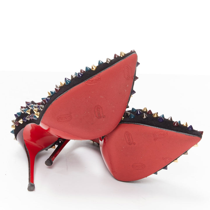 CHRISITAN LOUBOUTI Follies Spikes black suede jewely tone spike pigalle EU36