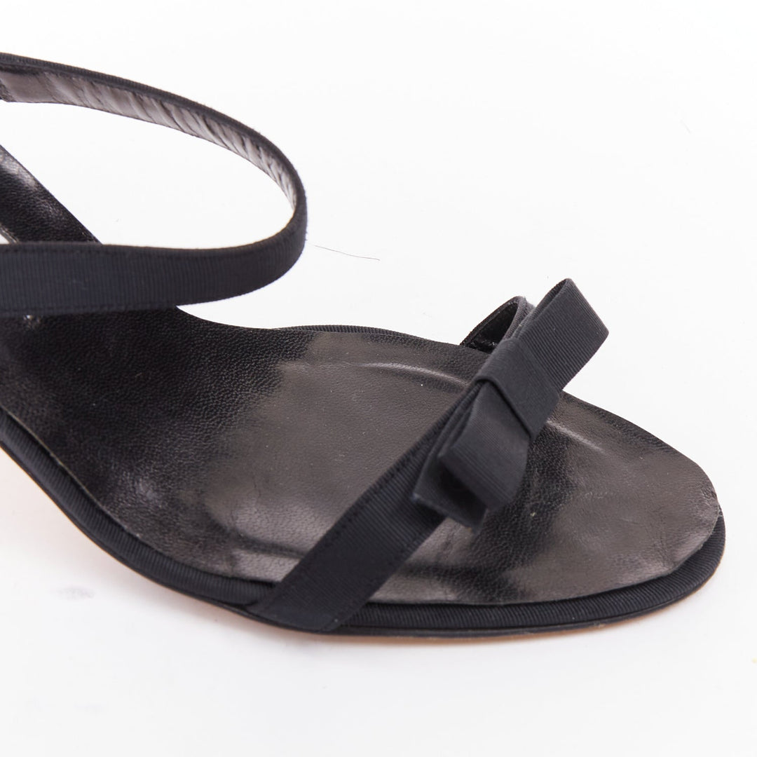 MANOLO BLAHNIK black grosgrain ribbon straps leather spool slipper heels EU37
