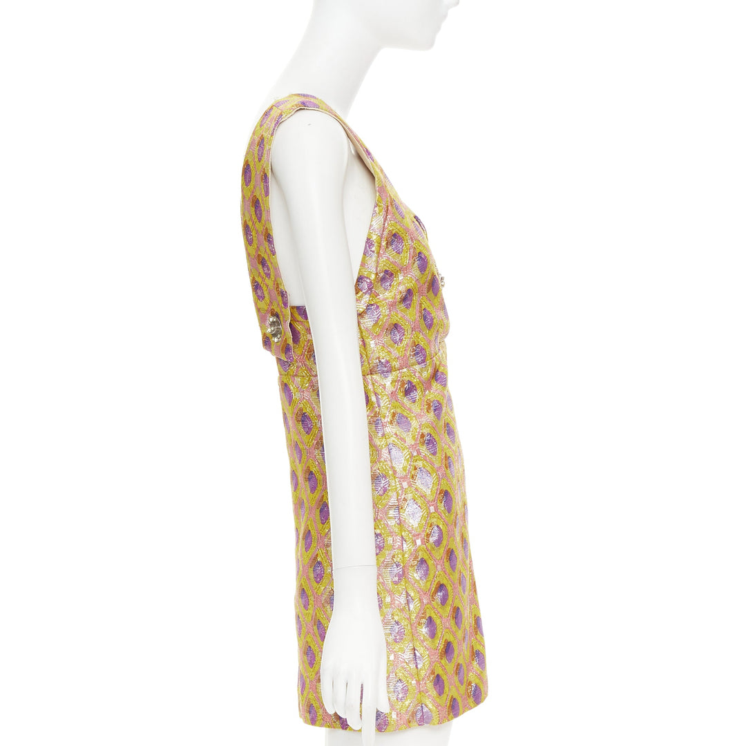 MIU MIU 2009 yellow purple silk wool abstract jacquard turnlock dress IT36 XXS