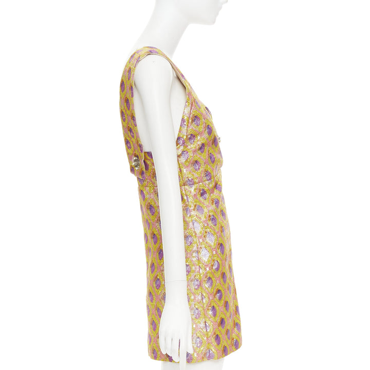 MIU MIU 2009 yellow purple silk wool abstract jacquard turnlock dress IT36 XXS